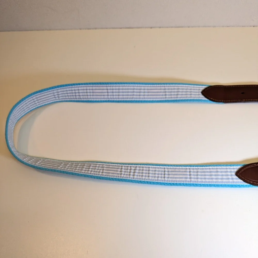 Southern Tide Skipjack Fish Belt Mens 38 Aqua Blue Canvas Leather Preppy Coastal